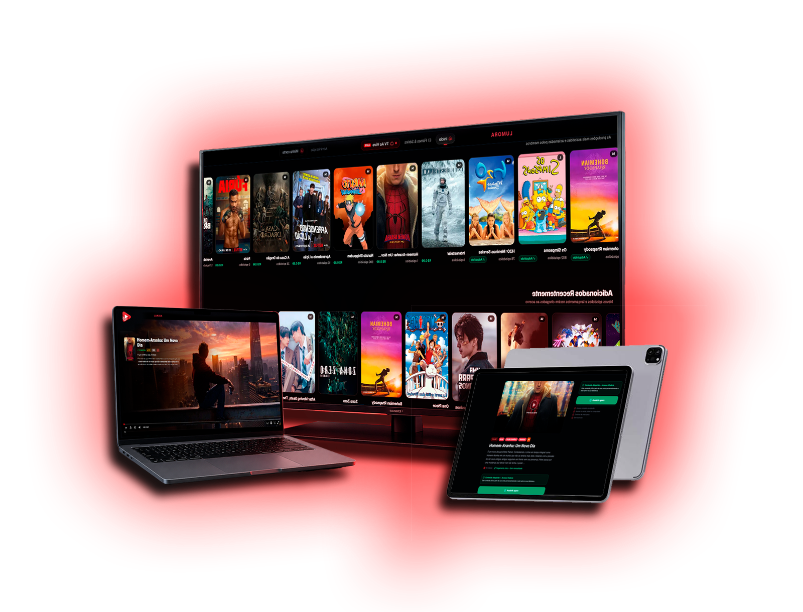 Smart TV Lumora com aura vermelha exibindo catálogo e TV ao vivo unificados